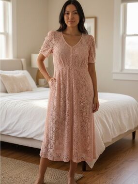 Vtg Jazz II V-Neck Lace Midi Dress in Blush Pink 8